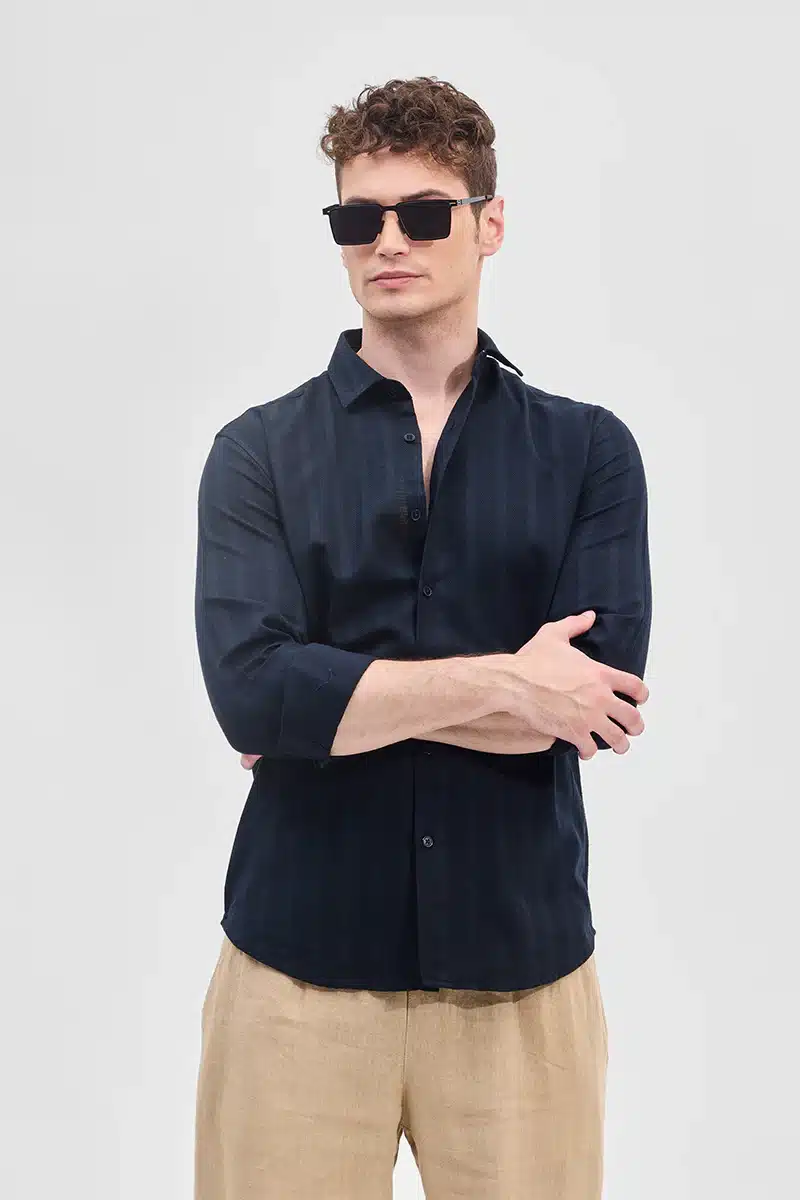 Modern Navy Slim Fit Shirt with Self-Design